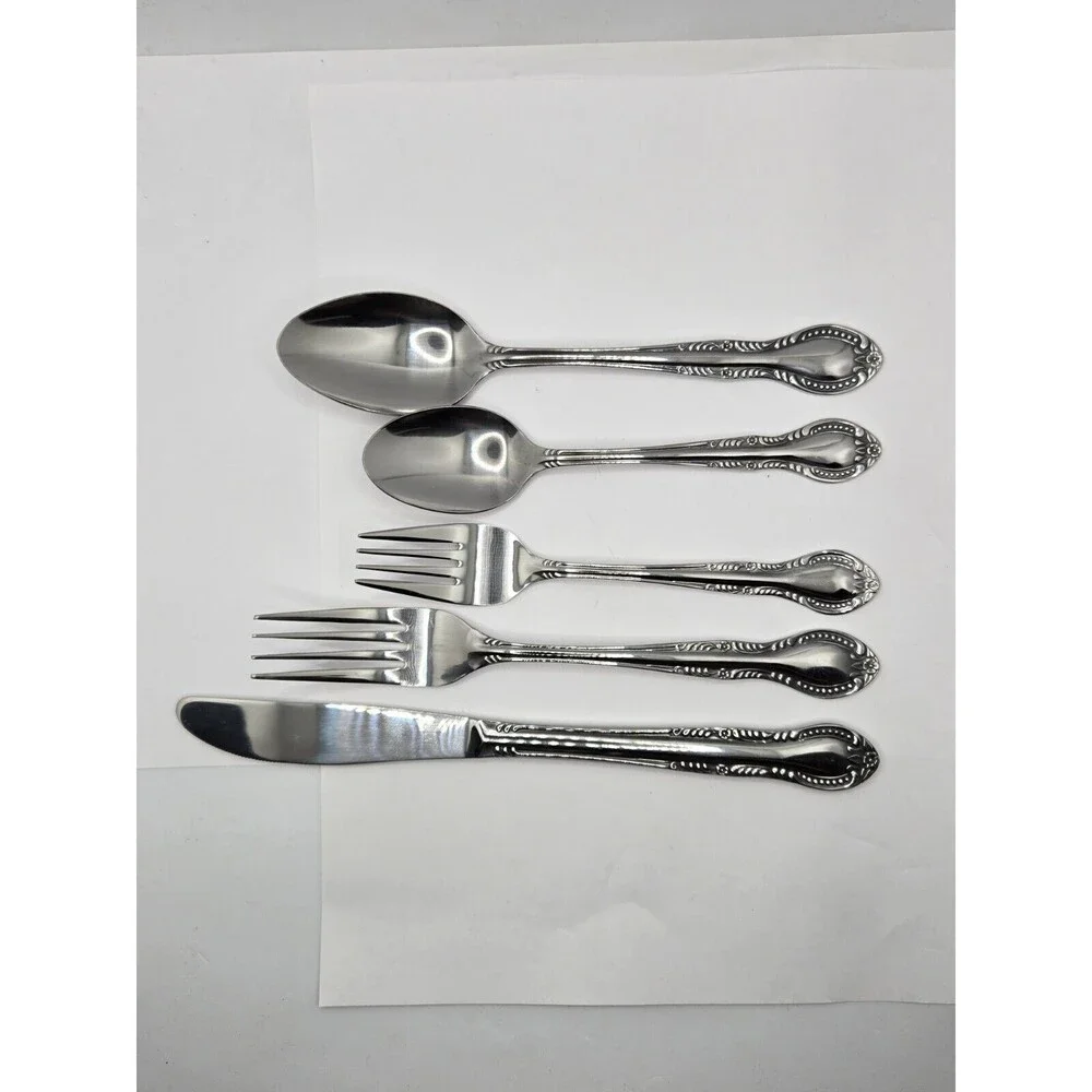 Vintage Stainless Flatware Spoon Knife Fork Columbia Japan Beaded Edge Set of 20